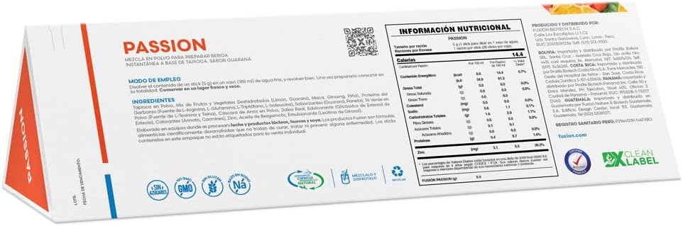 FUXION - PASSION Té Funcional | Mezcla de Aminoácidos + Maca + Ginseng + Jalea Real + Zinc | Energía y Vitalidad Natural para Hombre y Mujer | 1 Caja con 28 Sticks de 5g