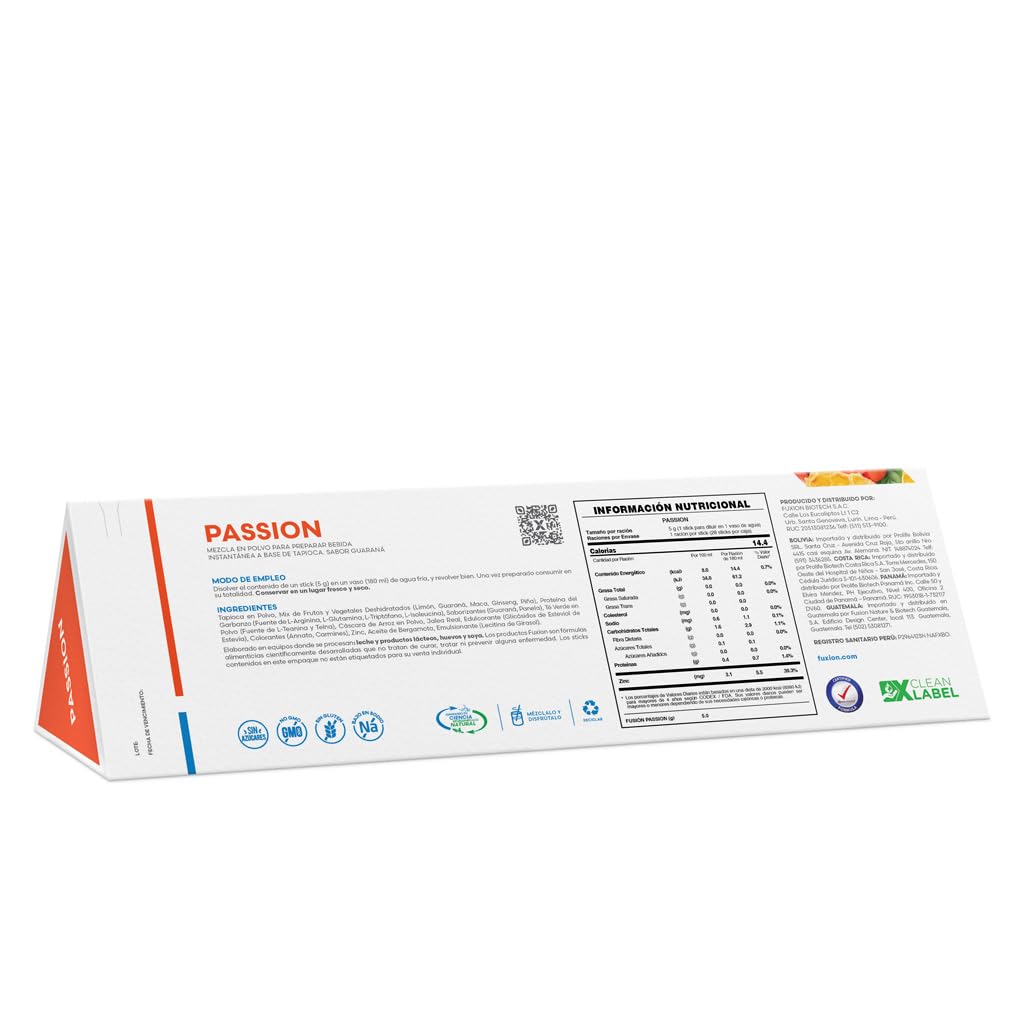 FUXION - PASSION Té Funcional | Mezcla de Aminoácidos + Maca + Ginseng + Jalea Real + Zinc | Energía y Vitalidad Natural para Hombre y Mujer | 1 Caja con 28 Sticks de 5g