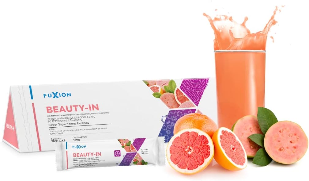 FUXION - BEAUTY-IN Refresco de Guayaba con Colágeno Hidrolizado y Biotina para Piel Radiante y Firme | Suplemento Antienvejecimiento con CoQ10 y Vitaminas C y E | Nutrición Celular | 28 sobres