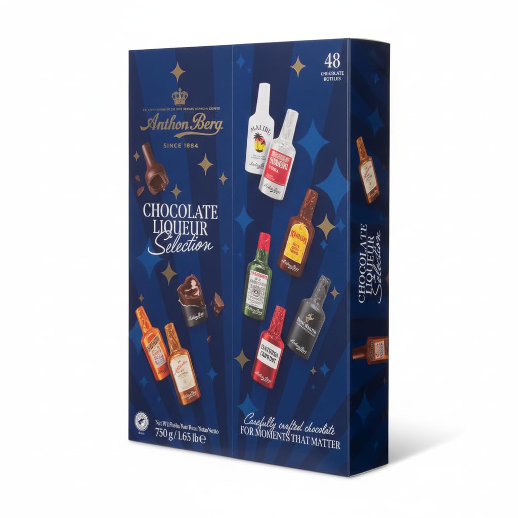 Anthon Berg Selección de 48 Botellas de Chocolate Negro con Licor - Estuche de 750g - Incluye Cointreau, Remy Martin, Malibu y Kahlúa - Bombones de Chocolate con 50% Cacao Sostenible -by NEXU