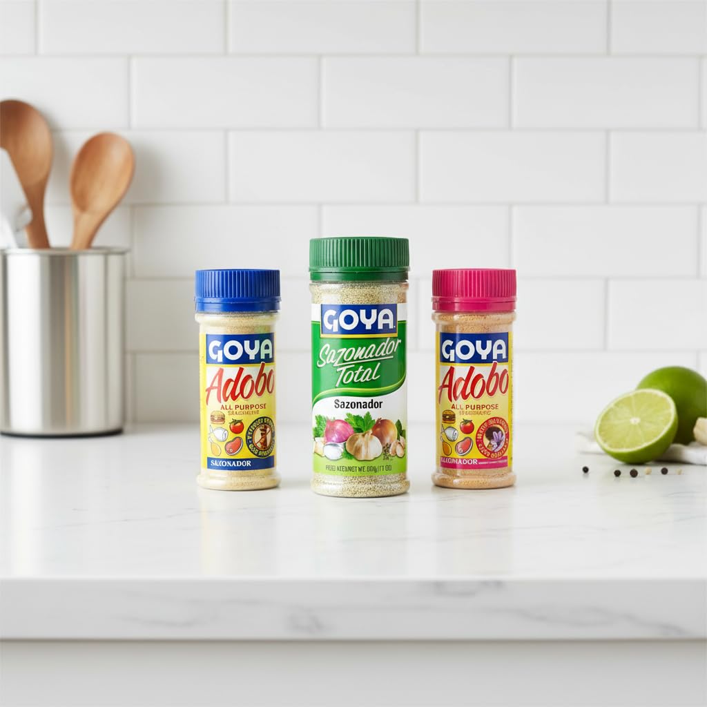 3 Pack de Sazonadores Variados - Sazonador Total (312g), Adobo Sin Pimienta (226g) y Adobo Con Azafrán (226g) - Goya Kit de Condimentos de para Cocina Latina - NEXU
