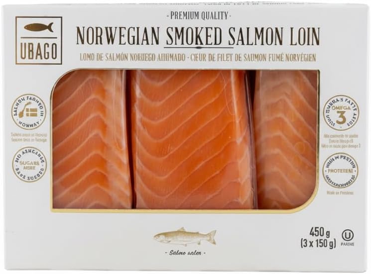 Lomo de Salmón Noruego Ahumado - Pack de 450 g (3 unidades x 150 g) - Alto en Omega-3 y Proteínas - Salmón de Noruega Seleccionado para Sashimi, Tostas y Aperitivos - Ubago - Sin Gluten - NEXU