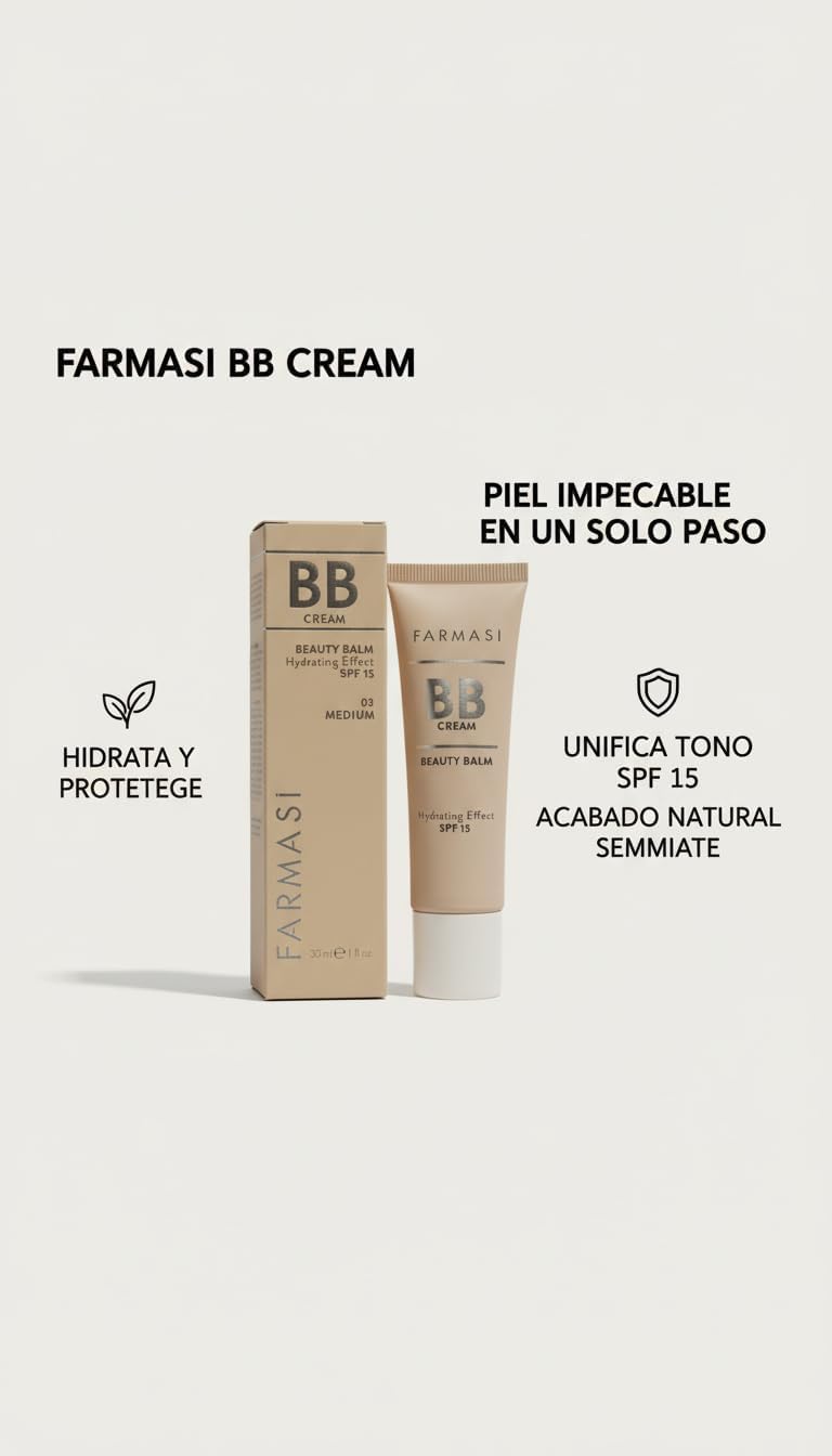 FARMASI - BB Cream Beauty Balm Tono Medio SPF 15 - Maquillaje Facial Hidratante con Protección Solar Mineral - Acabado Natural Semi-Mate - Cuidado de la Piel - Vegano BY NEXUSELL