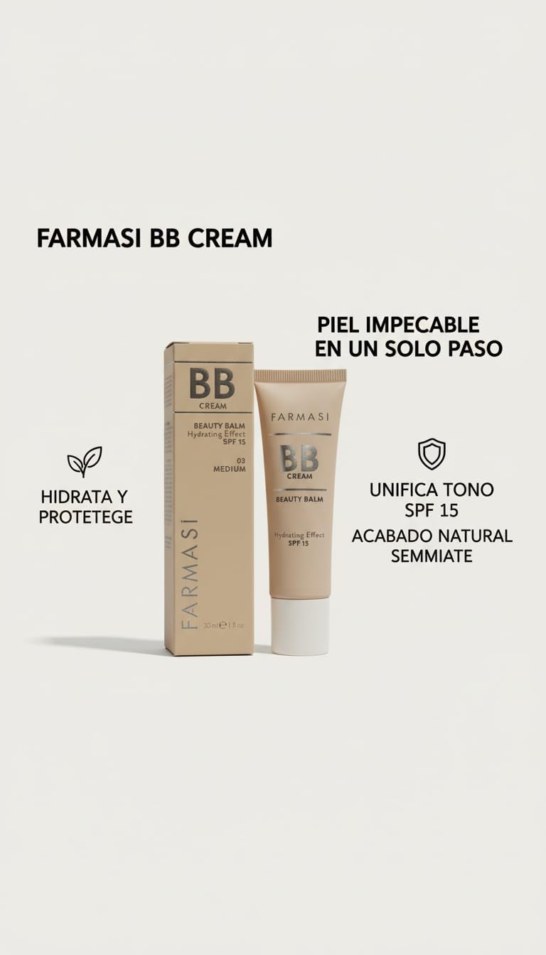 FARMASI - BB Cream Beauty Balm Tono Medio SPF 15 - Maquillaje Facial Hidratante con Protección Solar Mineral - Acabado Natural Semi-Mate - Cuidado de la Piel - Vegano BY NEXUSELL
