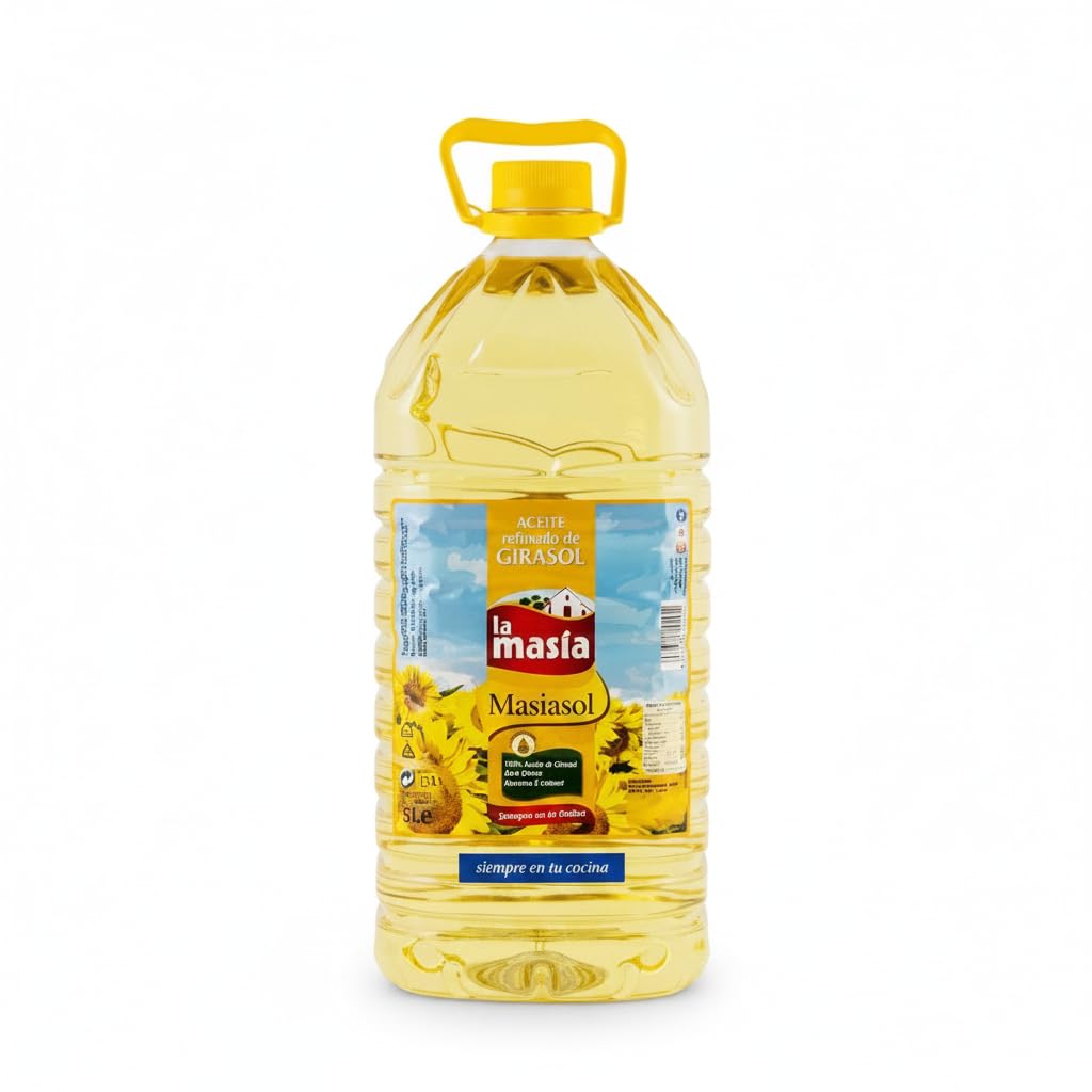 Aceite de Girasol Refinado - Garrafa 5 Litros - Rico en Vitamina E, Acidez Máxima 0,2º, Sin Aditivos - Ideal para Frituras y Repostería - La Masía - Formato Ahorro con Asa Ergonómica - NEXU