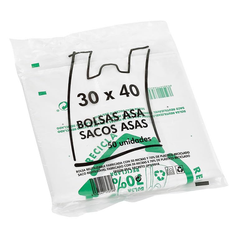 Bolsas plástico. Bolsas asas plástico. Bolsa Camiseta 50 micras 70% reciclado BLANCAS. Bolsa con asas. PACK de 50 unidades. Alta resistencia. (B30X40_)