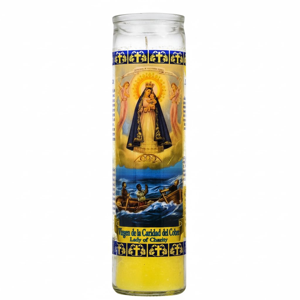 Vela de la Virgen de la Caridad del Cobre de 7 Días - Velón Amarillo para Oración y Devoción en Vaso de Cristal - Goya - 21 cm - 1 Unidad - NEXU