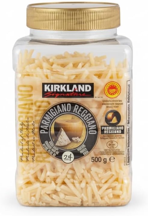 Parmigiano Reggiano Rallado - D.O.P. - Queso Italiano Madurado 24 Meses - Auténtico Sabor de Italia - Kirkland -Bolsa Resellable de 500g - NEXU