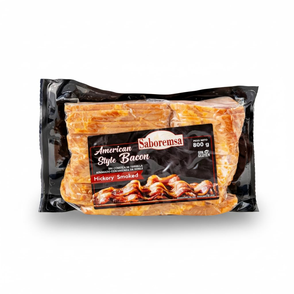 Bacon Estilo Americano Ahumado con Madera de Roble 800g - Tocino Ahumado, Sin Gluten y Sin Corteza - Saboremsa - Ideal para Desayunos y Hamburguesas - NEXU