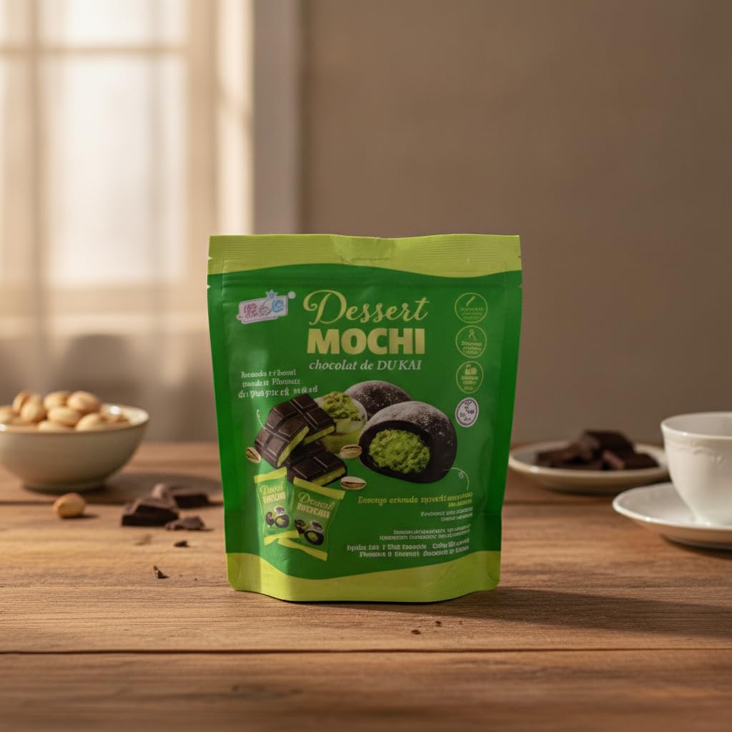 Mochi Sabor Chocolate de Dubái con Pistacho y Kunafa, 120g - Postre Japonés Exótico de Arroz Glutinoso Relleno - Snack Gourmet Inspirado en Tendencias de Dubái - NEXU