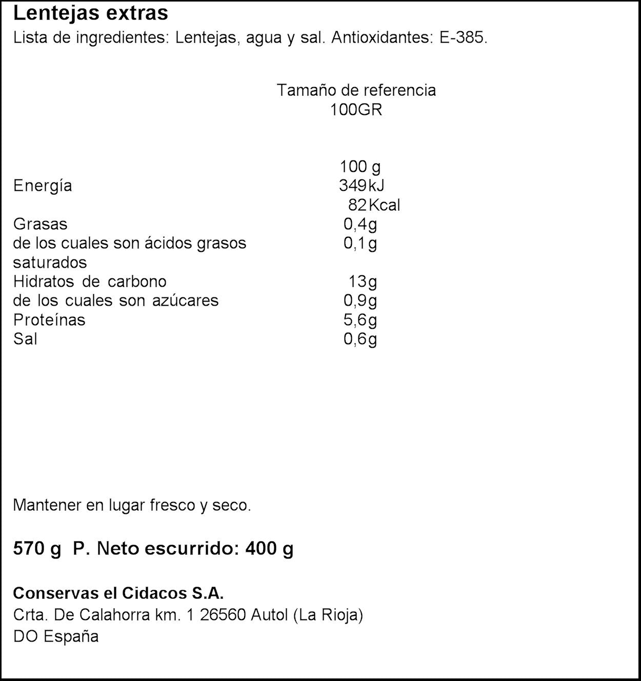 Cidacos Lentejas Extra, 570g