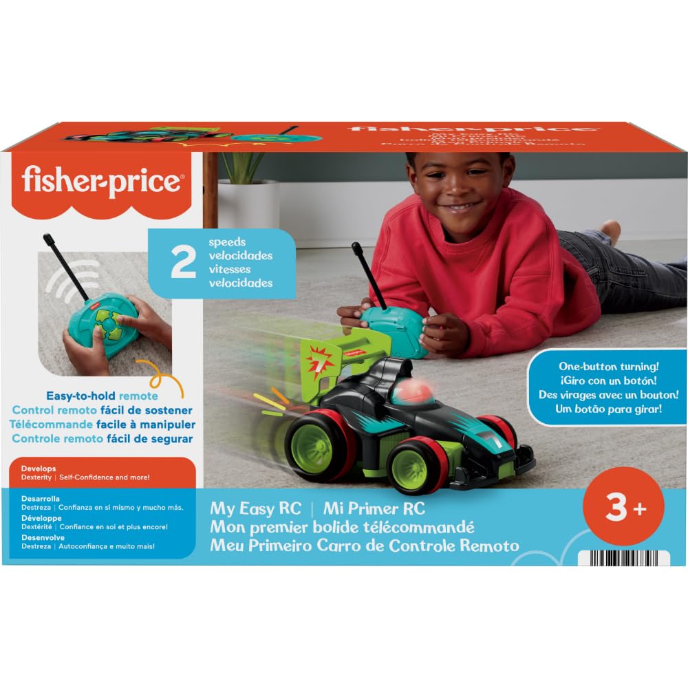 Fisher-Price Mi Primer RC, Coche de juguete de carreras teledirigido con 2 velocidades y mando radio control de fácil manejo con 4 botones, regalo para niños y niñas +3 años, HYH28