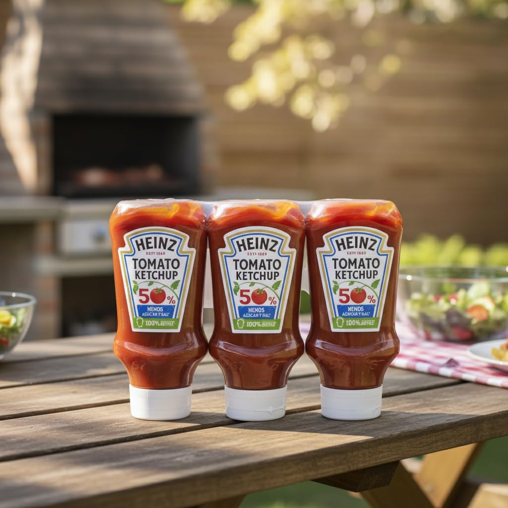 Ketchup 50% Menos Azúcar y Sal - Pack de 3 x 500ml (550g) - Salsa de Tomate con Stevia - Sin Colorantes ni Conservantes - Botellas 100% Reciclables, Total 1.5L - NEXU