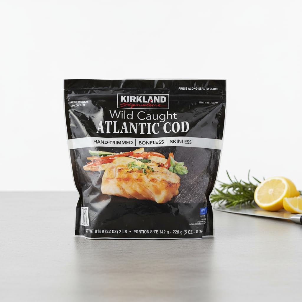 Bacalao del Atlántico de Captura Salvaje (Gadus morhua), 910g - Lomos sin Piel ni Espinas - Certificado MCS -Kirkland - Rico en Proteína y Bajo en Calorías - NEXU
