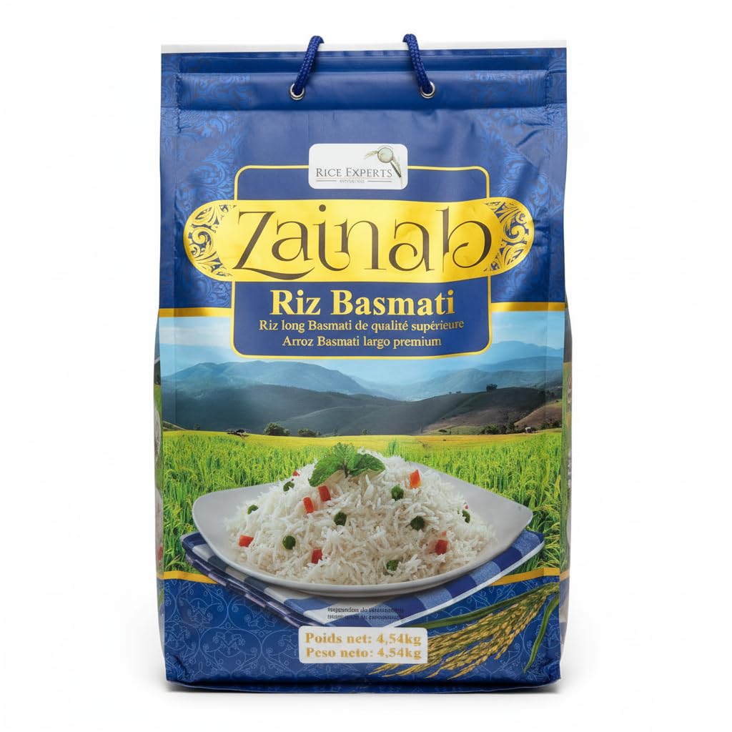 Arroz Basmati de Grano Largo - Auténtico Arroz de Pakistán del Punyab - Aroma Natural y Textura Esponjosa - Ideal para Cocina Asiática e India - Zainab - Formato Familiar 4,54 kg (10 lbs) - nexu
