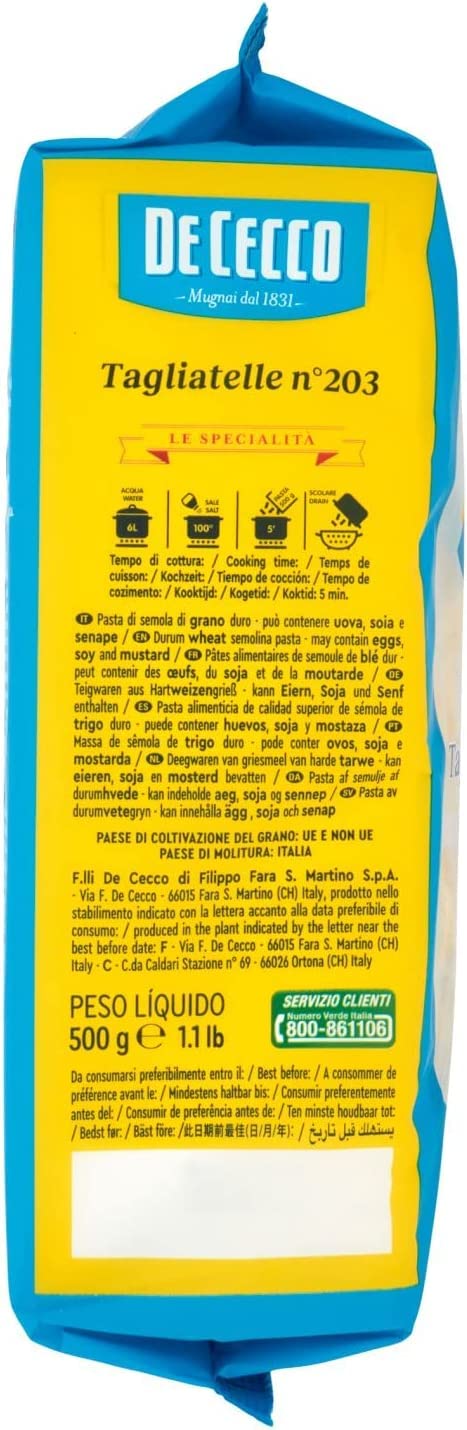 5x De Cecco Tallarines No. 203 Pasta Italiana 500g