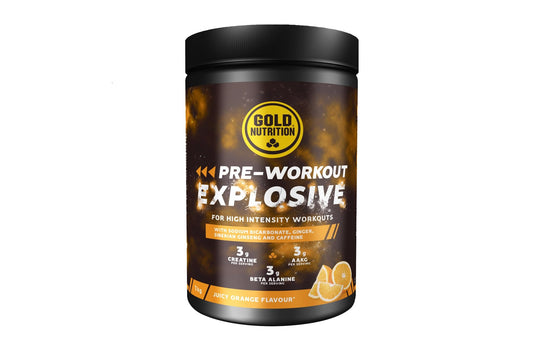 GoldNutrition, Pre-Workout Explosive, Bebída Energética en Polvo con Creatina, AAKG, Beta Alanina, Cafeína y Taurina, Ideal para Entrenamientos Cortos e Intensos, Sabor Naranja, 1 kg