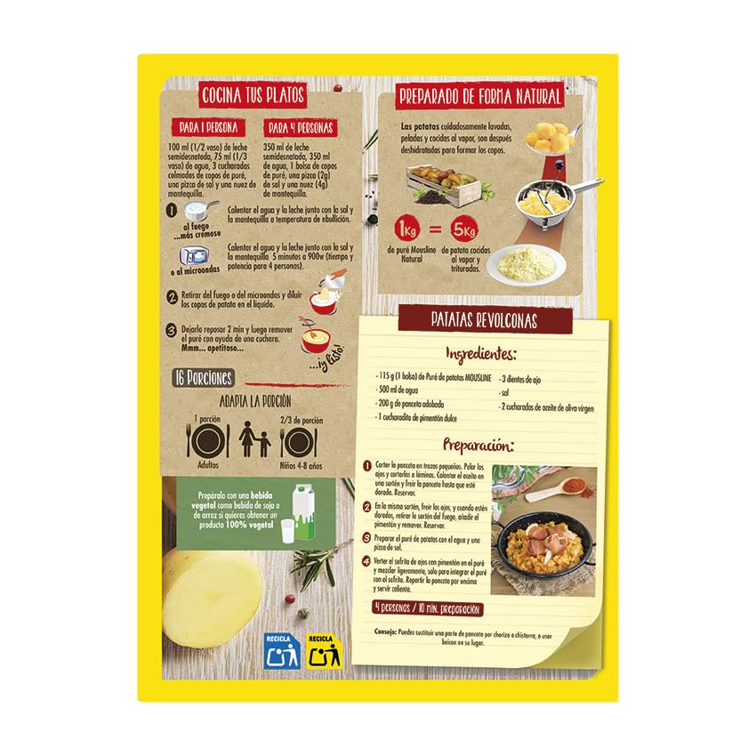Mousline - Puré de Patatas Instantáneo - Ingredientes de Primera Calidad - Preparación Fácil y Rápida - Ideal para Recetas Elaboradas - Pack de 4 Bolsas- 460 gr