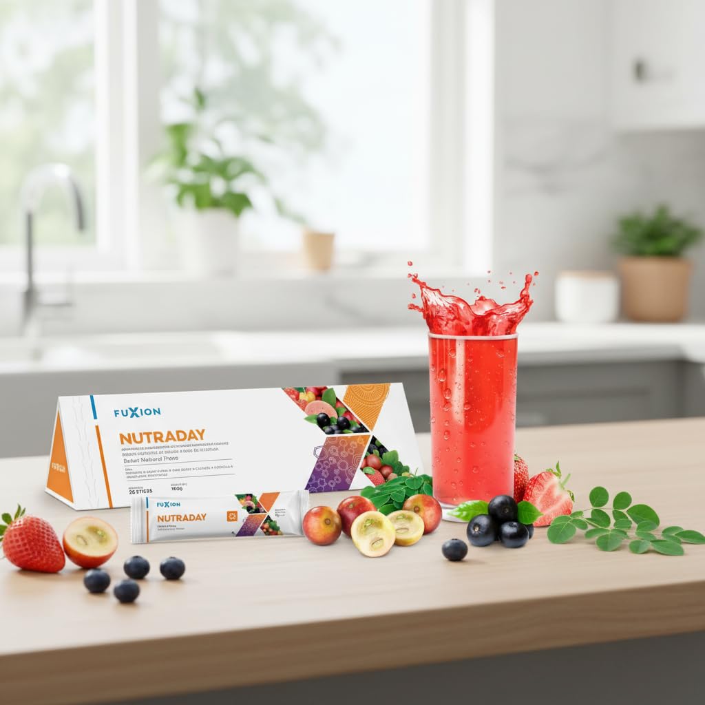 FUXION - NUTRADAY Bebida de Fresa Natural con Moringa, Vitaminas y Minerales | Suplemento para Vitalidad y Defensas | Apoyo Inmunitario y Energía para Toda la Familia 1 caja con 28 stick