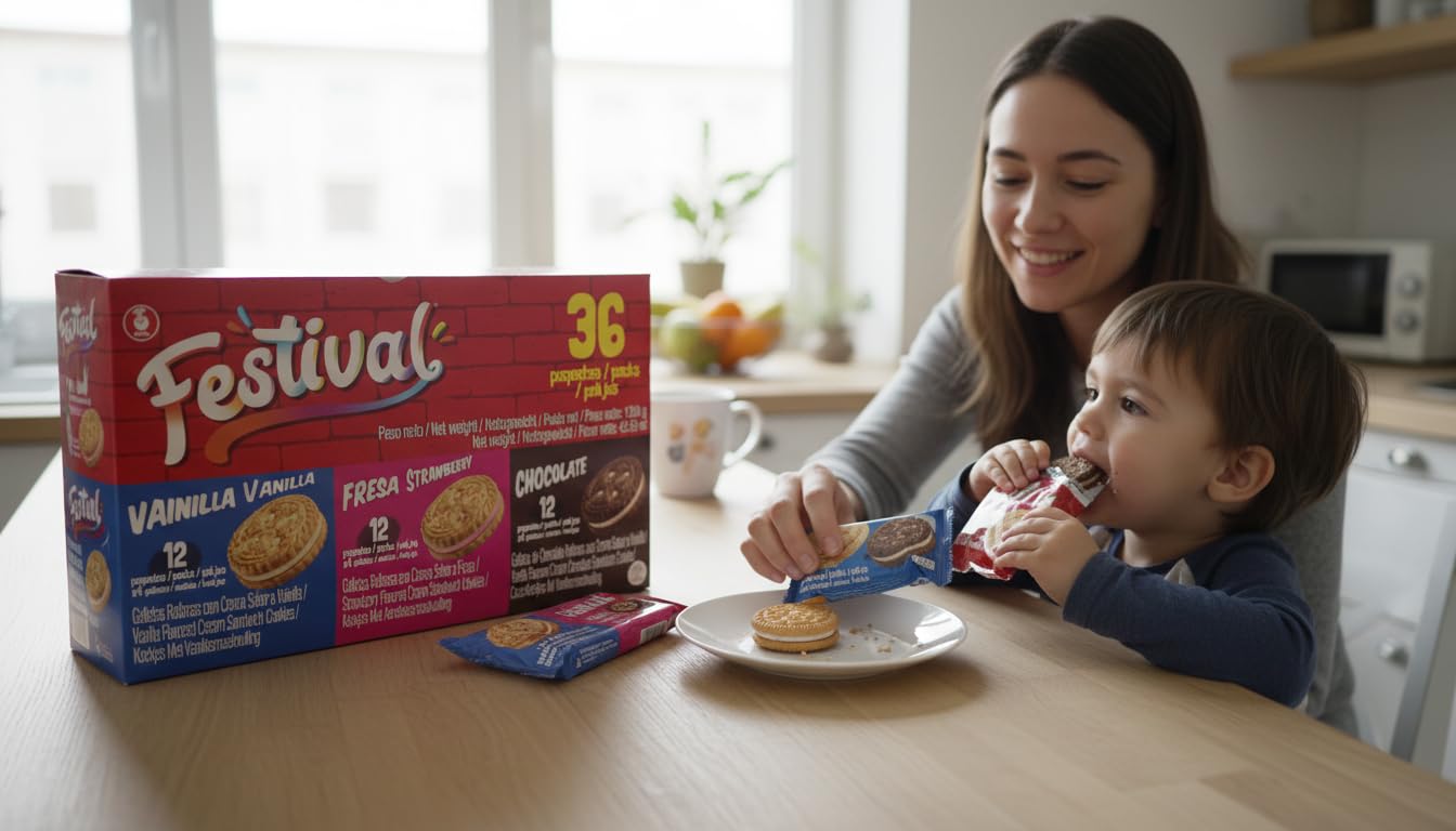 Noel Festival Surtido de Galletas Rellenas tipo Sándwich - 36 Paquetes Individuales (144 Galletas) - Sabores Vainilla, Fresa y Chocolate, 1209g - Snack Ideal para Merienda y Niños