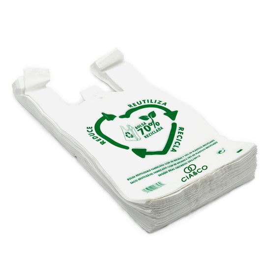 Bolsas de Plástico 70% Reciclado · Tamaño 3XL 60x70 cm | 25 Uds | Aptas Uso Alimentario, Resistentes, Reutilizables y 70% Recicladas | Galga 200 |Bolsa Tipo Camiseta | Cumple todas las normativas