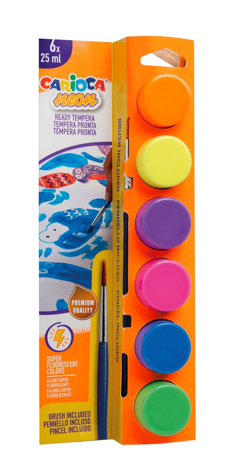 CARIOCA Botes de Témpera Neón | 6 colores x 25 ml |Incluye Pincel | Gran Poder Cubriente