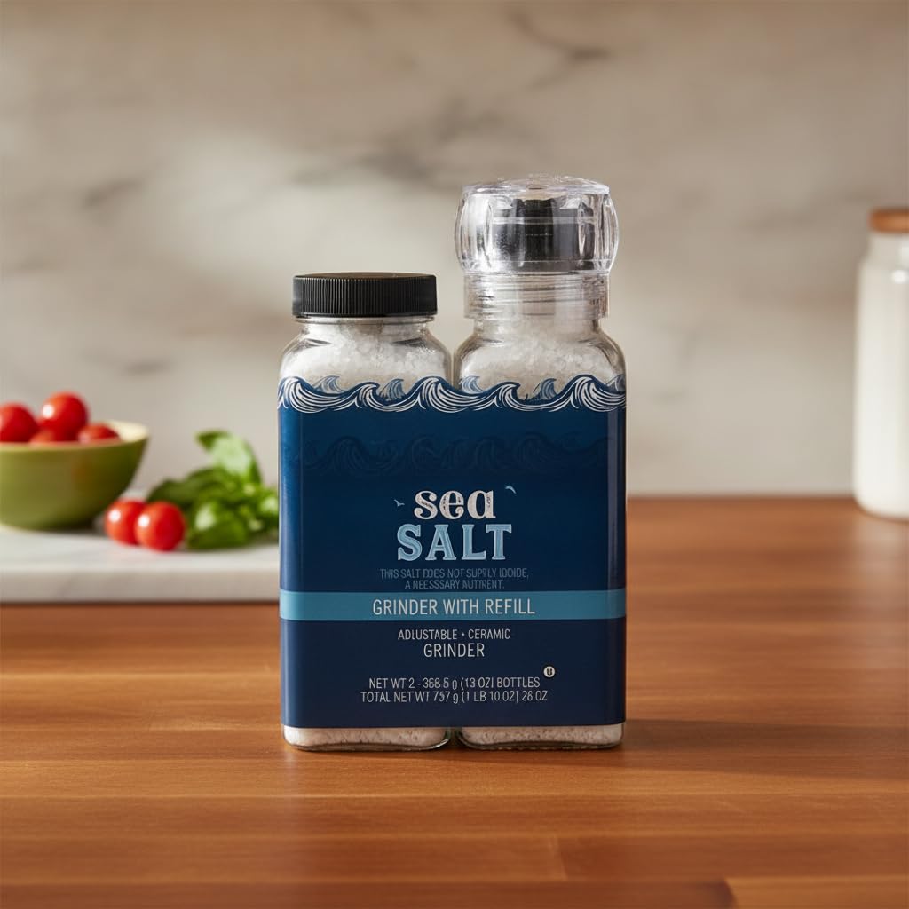 Sal Marina 737g - Pack de 2 con Molinillo Cerámico Ajustable y Botella de Recambio - 100% Sal Marina Pura de Italia - Certificado Kosher - NEXU