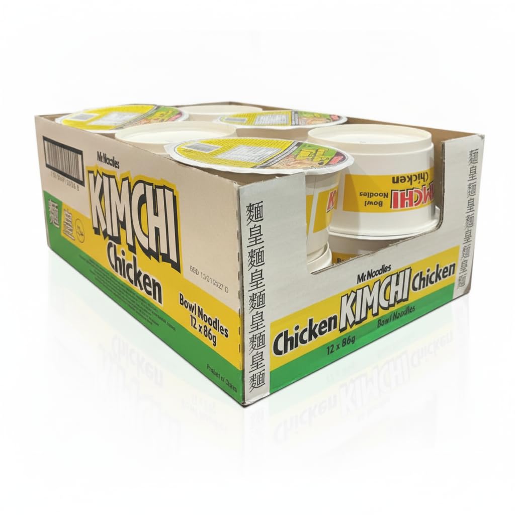 Pack de 12 Fideos Instantáneos Sabor Pollo Kimchi en Bol - 12 x 86g - Ramen Coreano Picante con Verduras - Comida Rápida y Deliciosa - Mr. Noodles - Certificación Halal - NEXU