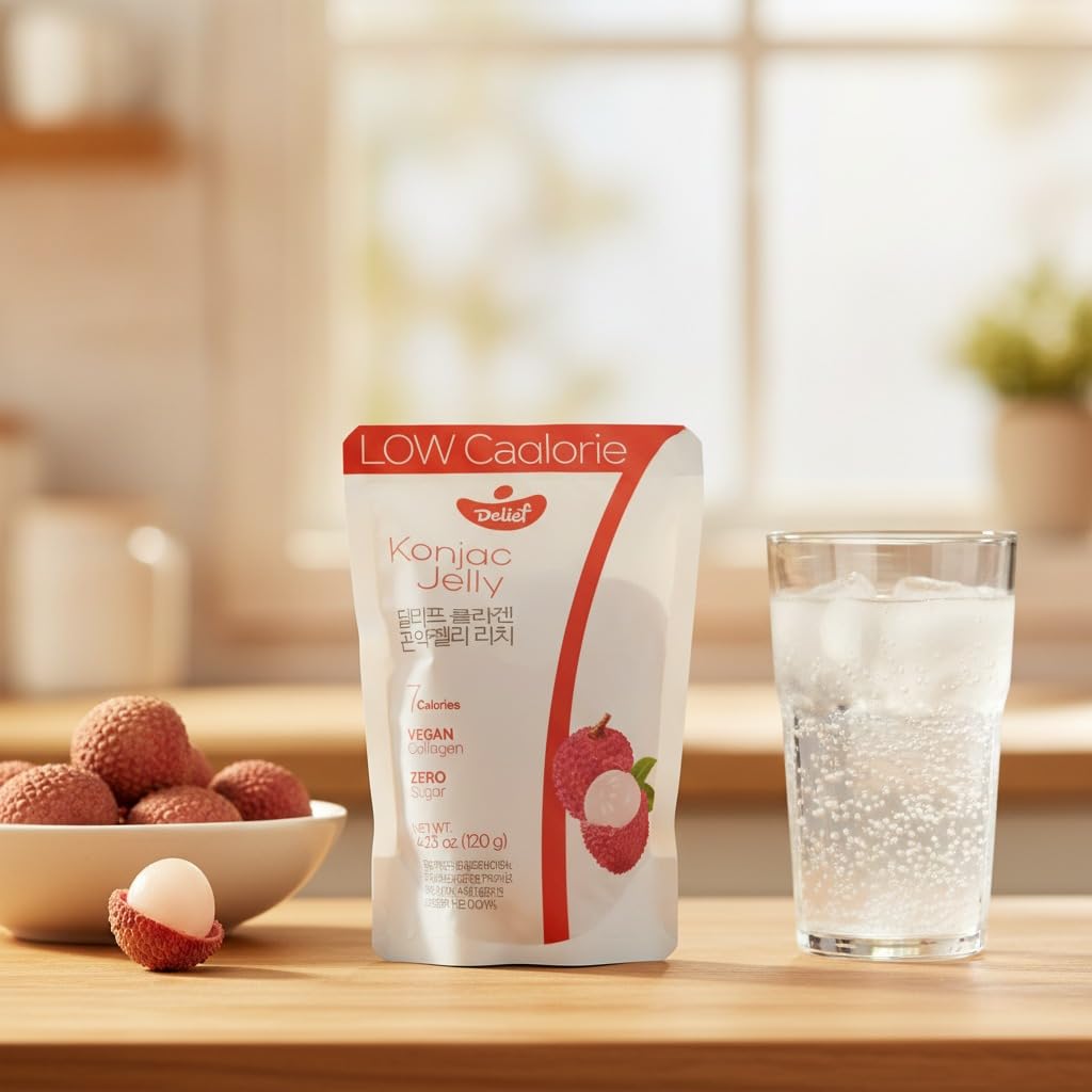 Jelly Sabor Lichi - Gelatina de Konjac con Colágeno Vegano de Zanahoria - Pack de 3 unidades - Snack Coreano Saludable Sin Azúcar - Solo 7 Calorías por Envase - 120g c/u Pouch Bebible - NEXU