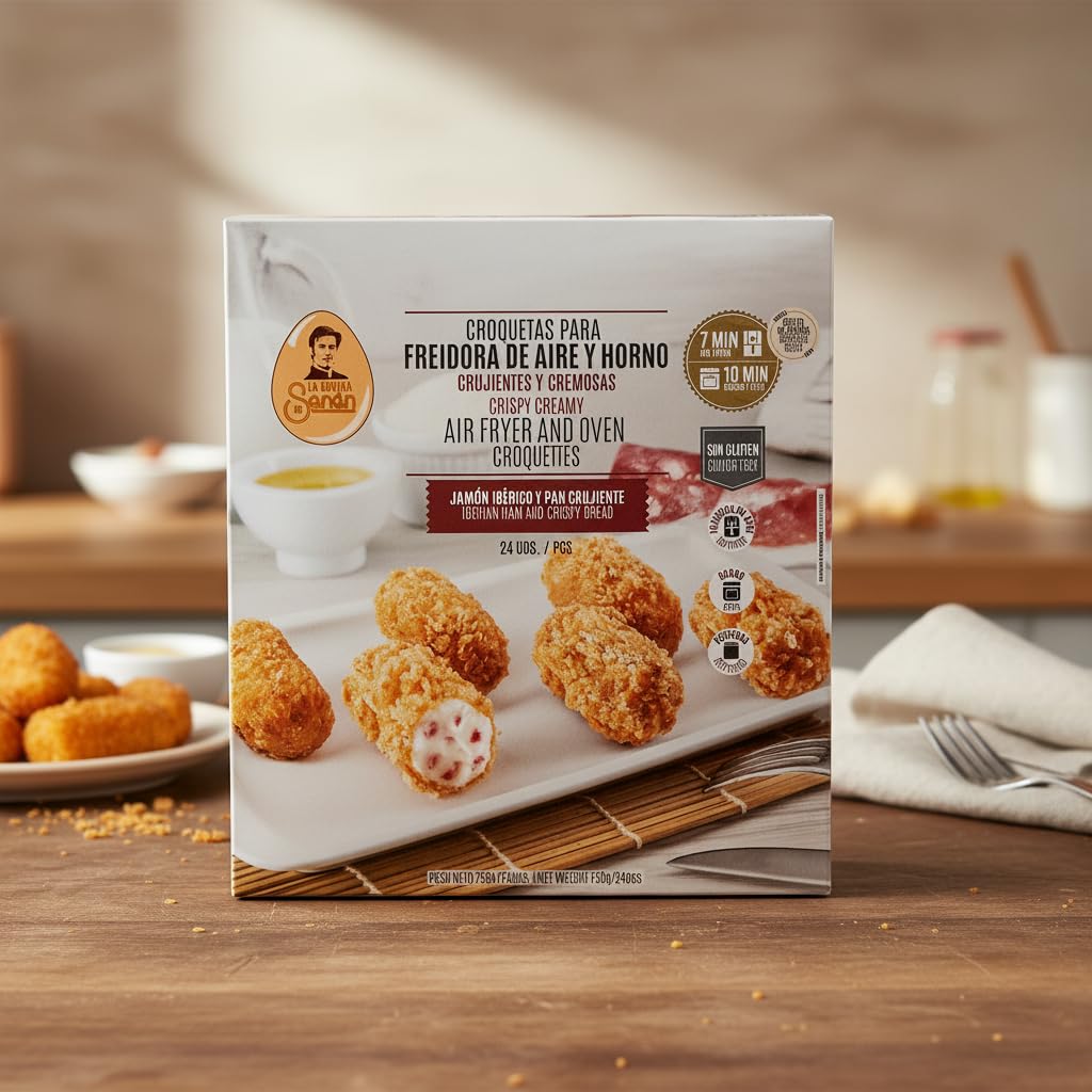 Croquetas de Jamón Ibérico Sin Gluten - Para Freidora de Aire y Horno - Rebozado Extra Crujiente y Relleno Cremoso - La Cocina de Senén - 750g (24uds Aprox.) - Cocinado Rápido en 7-10 Minutos - NEXU