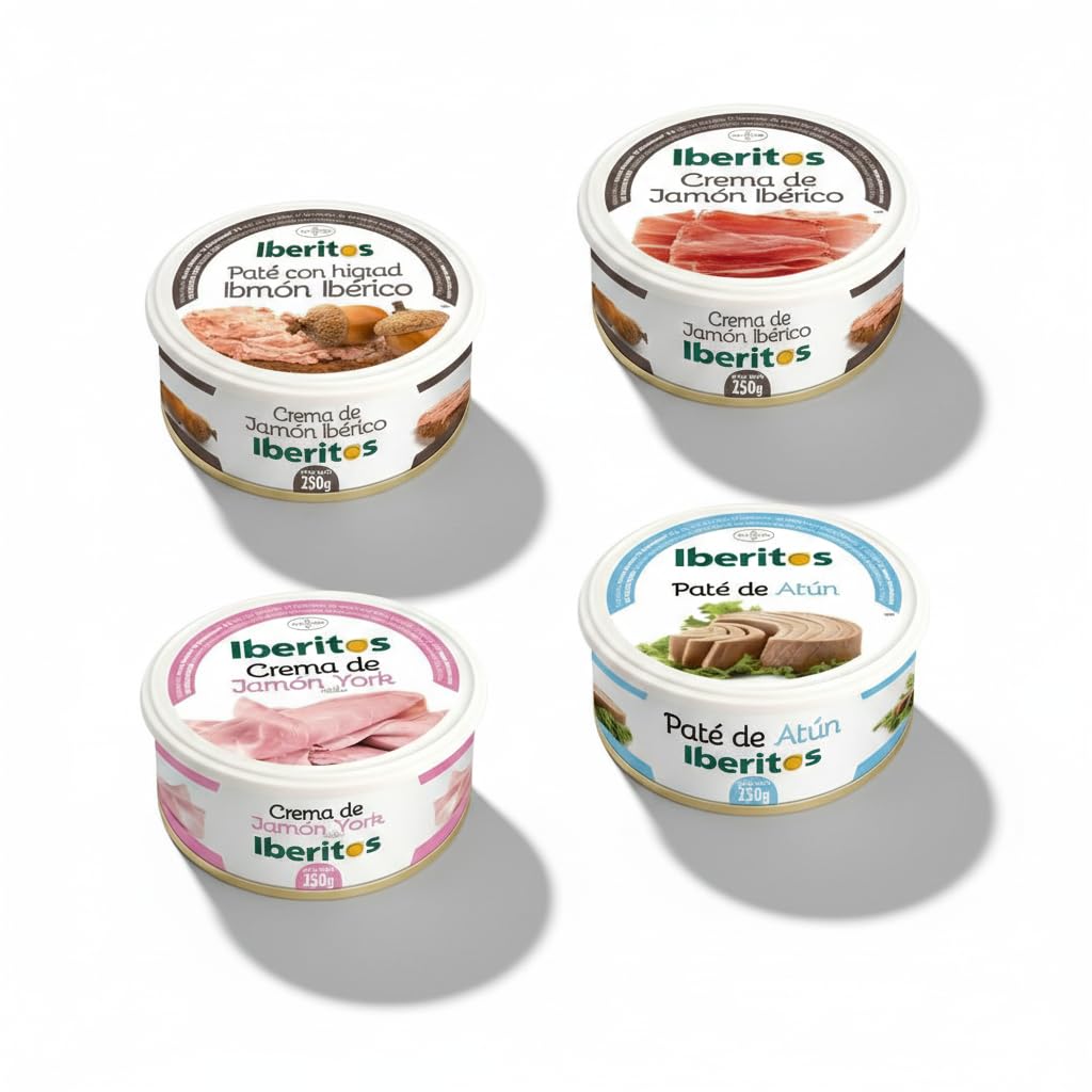Pack Variado 4 Tarrinas de 250g - Paté de Hígado Ibérico, Crema de Jamón Ibérico, Jamón York y Atún - Lote Familiar de 1kg - Iberitos - Ideal para Desayunos y Aperitivos - NEXU