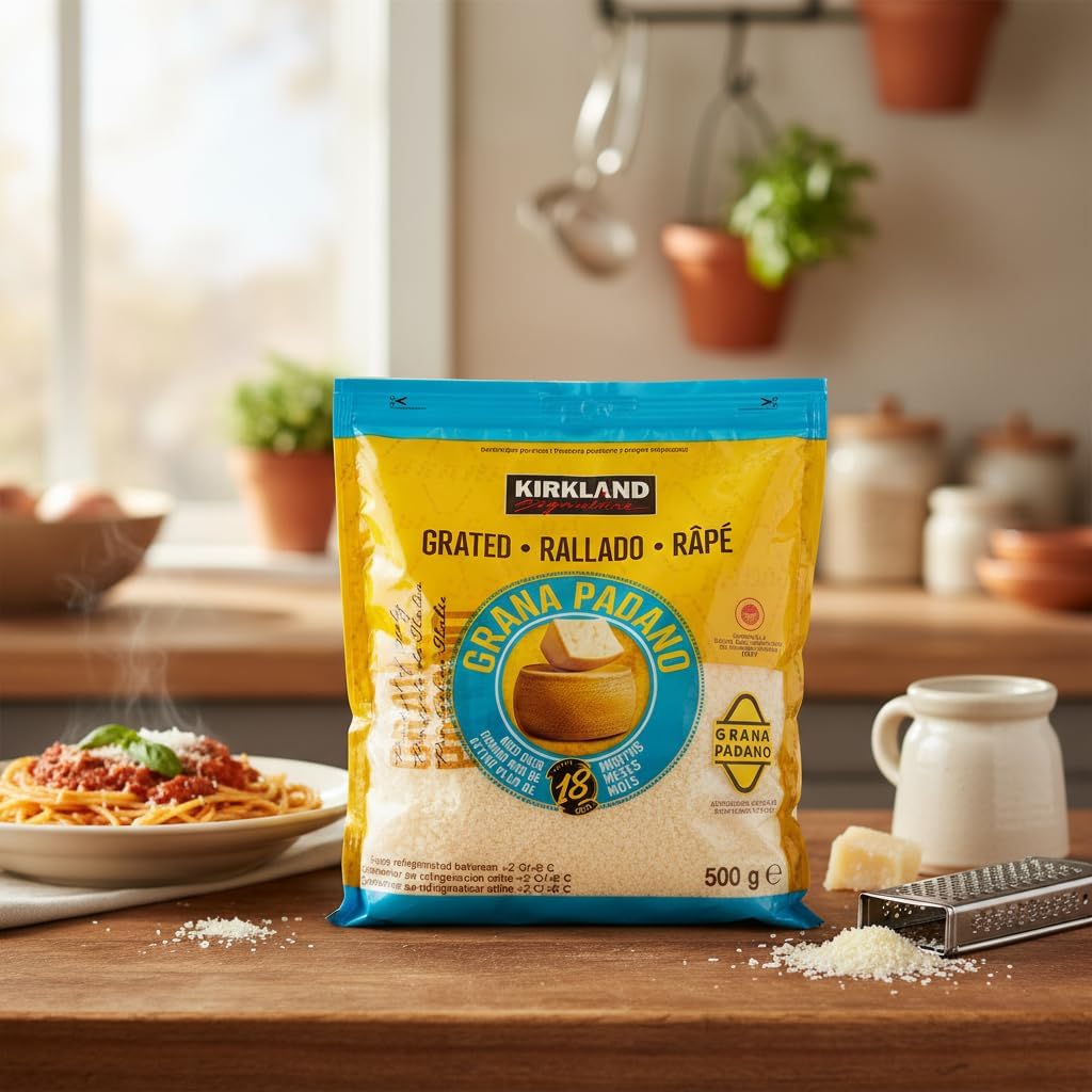 Grana Padano Rallado D.O.P. - Queso Italiano Curado +18 Meses - Auténtico Grana Padano de Italia en Bolsa de 500g - Kirkland Signature - Cierre Resellable para Pastas, Risottos y Ensaladas - NEXU