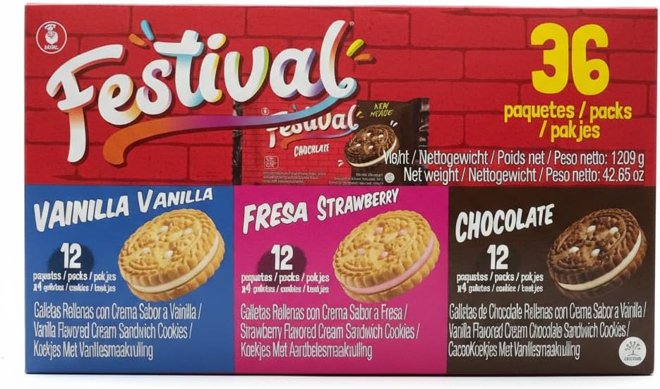Noel Festival Surtido de Galletas Rellenas tipo Sándwich - 36 Paquetes Individuales (144 Galletas) - Sabores Vainilla, Fresa y Chocolate, 1209g - Snack Ideal para Merienda y Niños