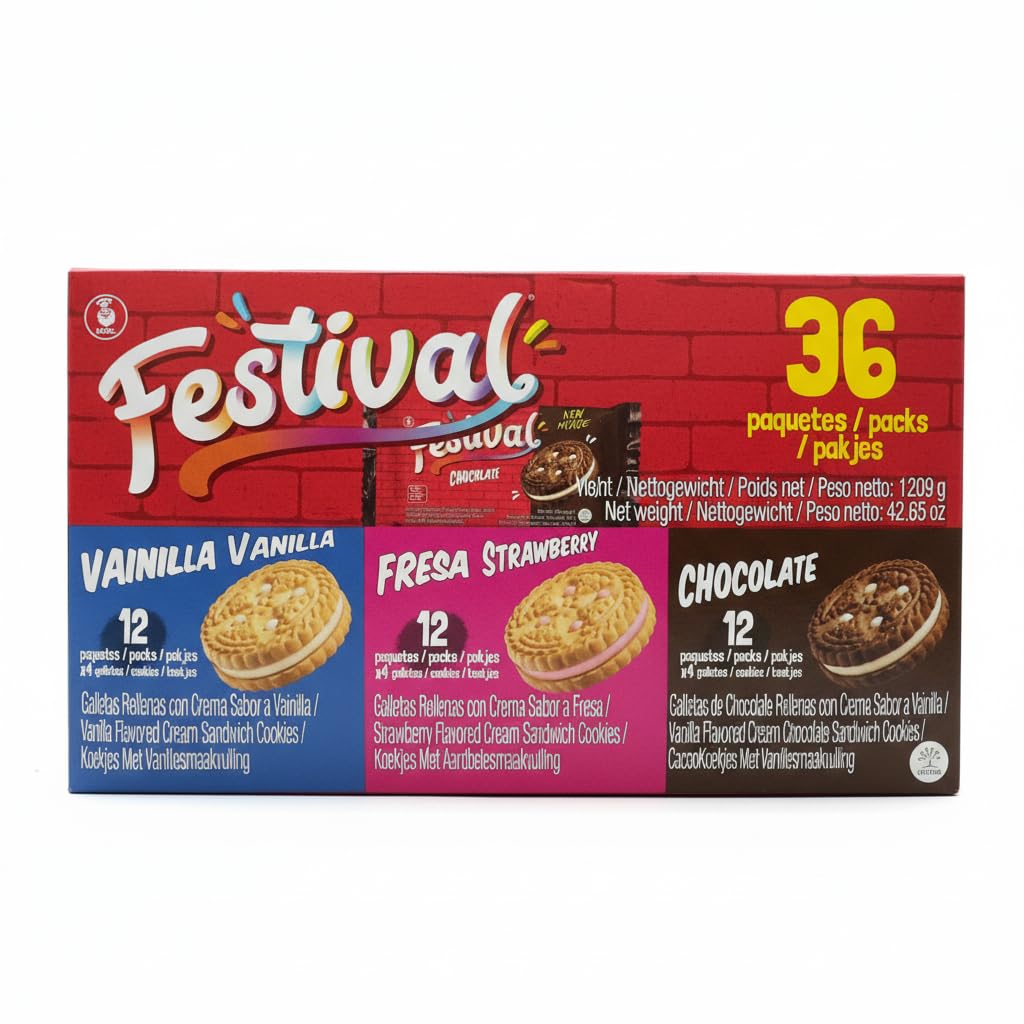 Noel Festival Surtido de Galletas Rellenas tipo Sándwich - 36 Paquetes Individuales (144 Galletas) - Sabores Vainilla, Fresa y Chocolate, 1209g - Snack Ideal para Merienda y Niños