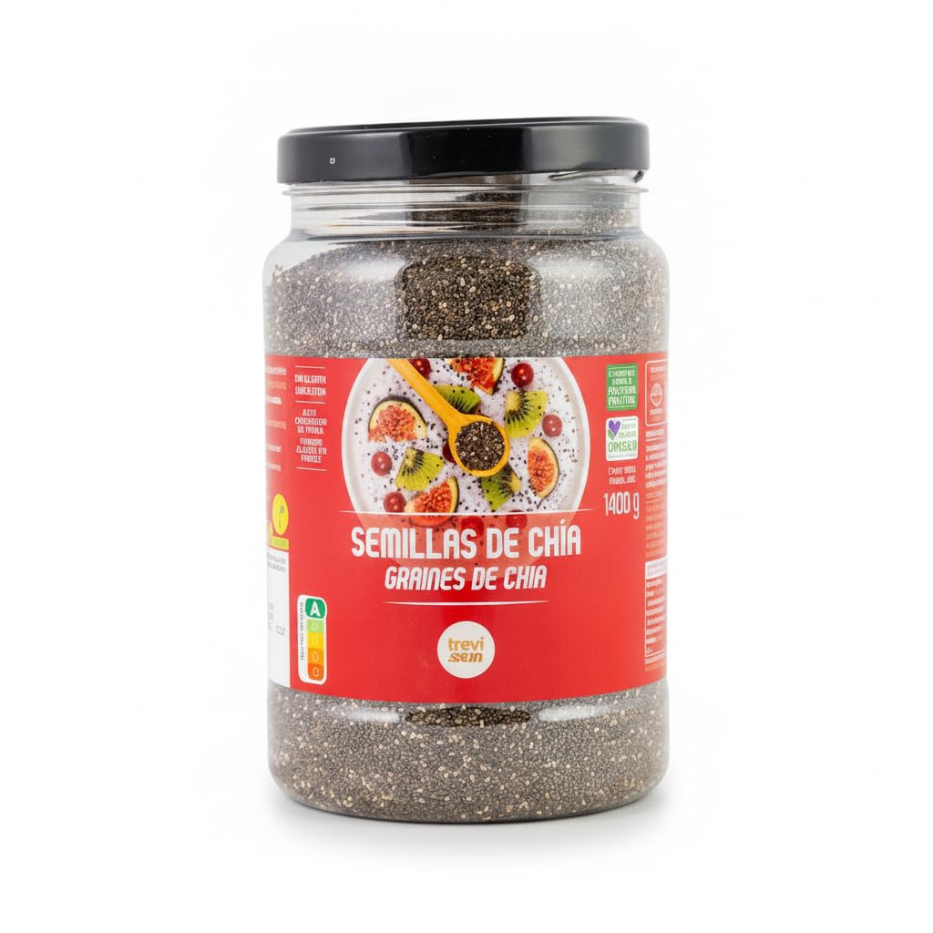 Semillas de Chía 1400g - Superalimento Natural Rico en Omega-3, Fibra y Proteína Vegetal - Sin Gluten y Vegano - Trevissan - Formato Ahorro en Bote Hermético - NEXU