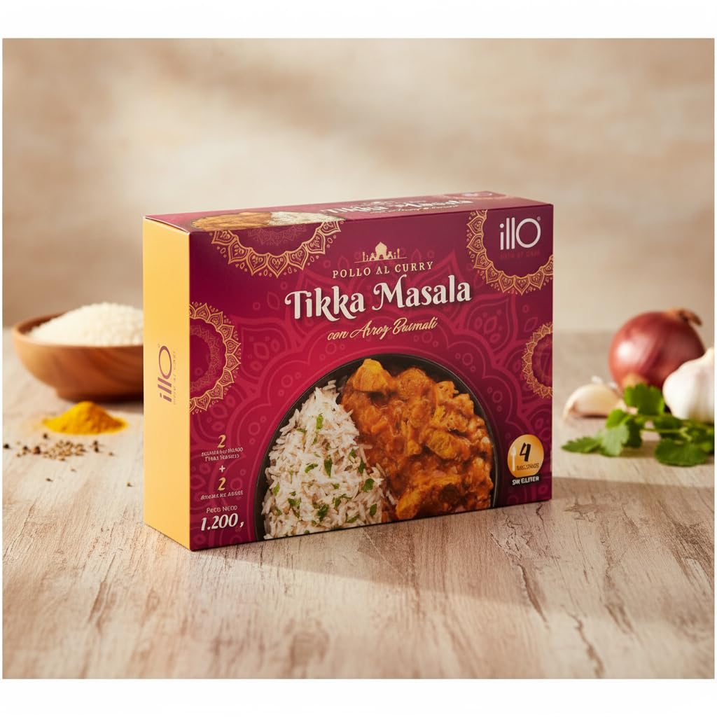 Pollo al Curry Tikka Masala con Arroz Basmati - Plato Preparado Gourmet Sin Gluten - Formato Familiar 4 Raciones (1,2kg) - Comida Preparada Lista en 5 Minutos - NEXU