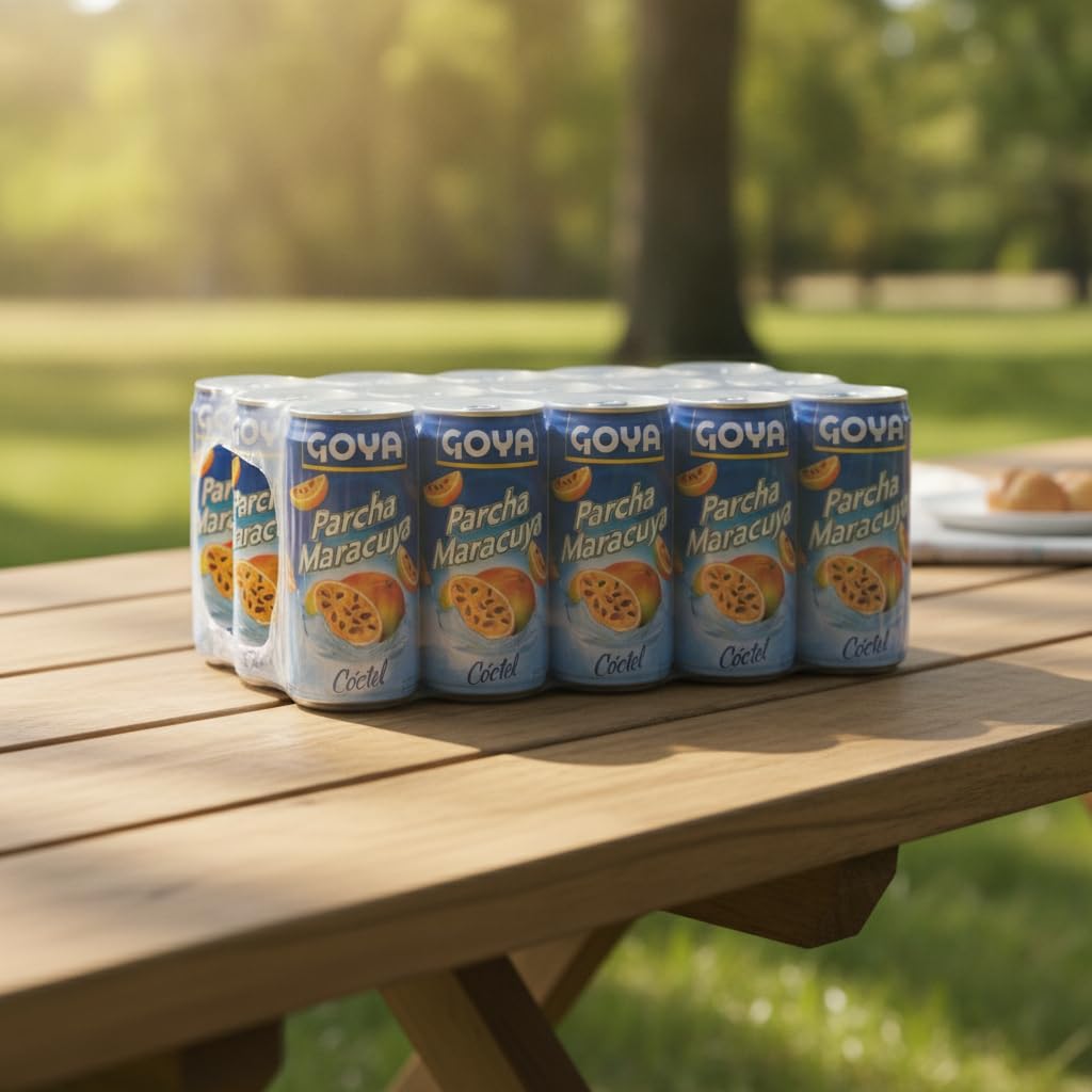 Bebida de Maracuyá (Parcha) - Pack de 24 Latas de 284ml - Zumo de Fruta de la Pasión - Refrescante para Cócteles, Postres y Eventos Familiares - Goya - Sabor Exótico y Natural - NEXU