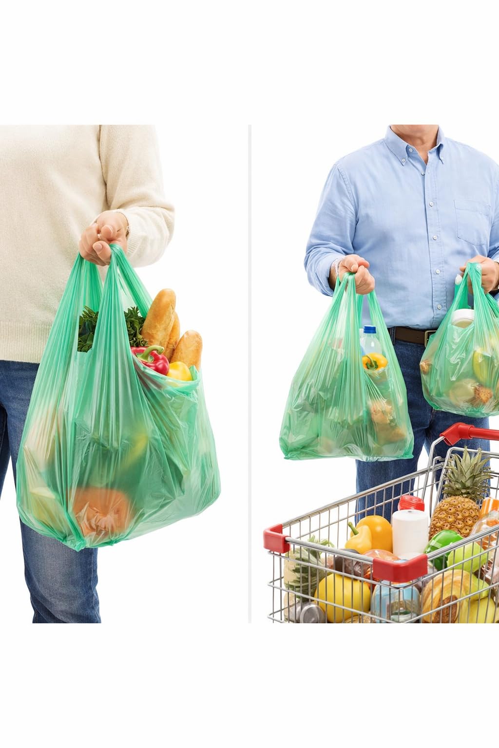 Bolsas plástico. Bolsas asas plástico. Bolsa Camiseta 70% reciclado 50 micras VERDES. Bolsa con asas. Paquete de 1 Kilo. (35x50 cm)