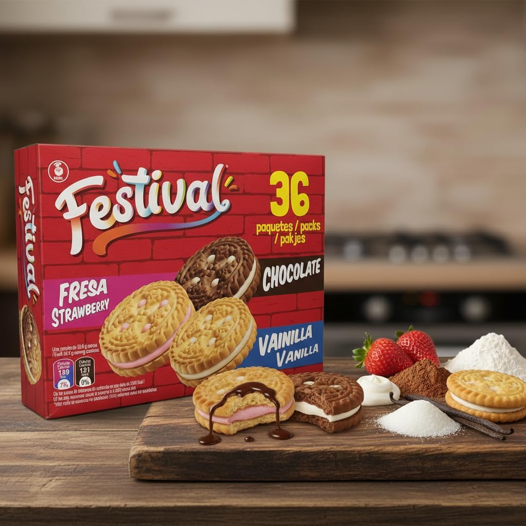 Noel Festival Surtido de Galletas Rellenas tipo Sándwich - 36 Paquetes Individuales (144 Galletas) - Sabores Vainilla, Fresa y Chocolate, 1209g - Snack Ideal para Merienda y Niños
