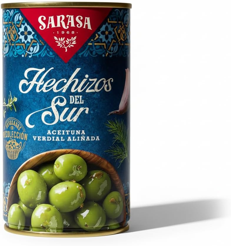 Aceitunas Verdial Aliñadas con Receta Tradicional, Sabor Intenso con Ajo y Hierbas Aromáticas, Textura Firme, SARASA Hechizos del Sur - Formato Gran Consumo de 4200g - NEXU