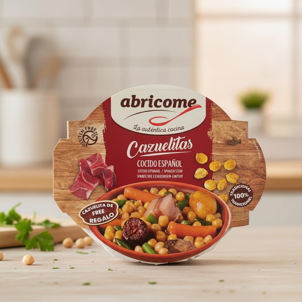 Cocido Español - Plato Preparado Tradicional 415g con Carne de Vacuno y Garbanzos - Sin Gluten - Incluye Cazuelita de Barro de Regalo - Receta Casera Lista en 2 Minutos - NEXU
