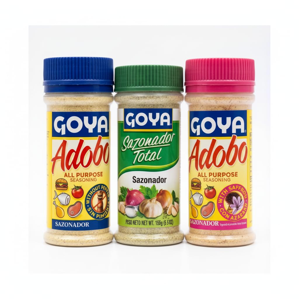 Pack de 3 Sazonadores: Adobo Sin Pimienta 226g - Sazonador Total 156g y Adobo con Azafrán 226g - Condimentos para Carnes, Aves y Guisos - Goya - Sabor Tradicional Latino - NEXU