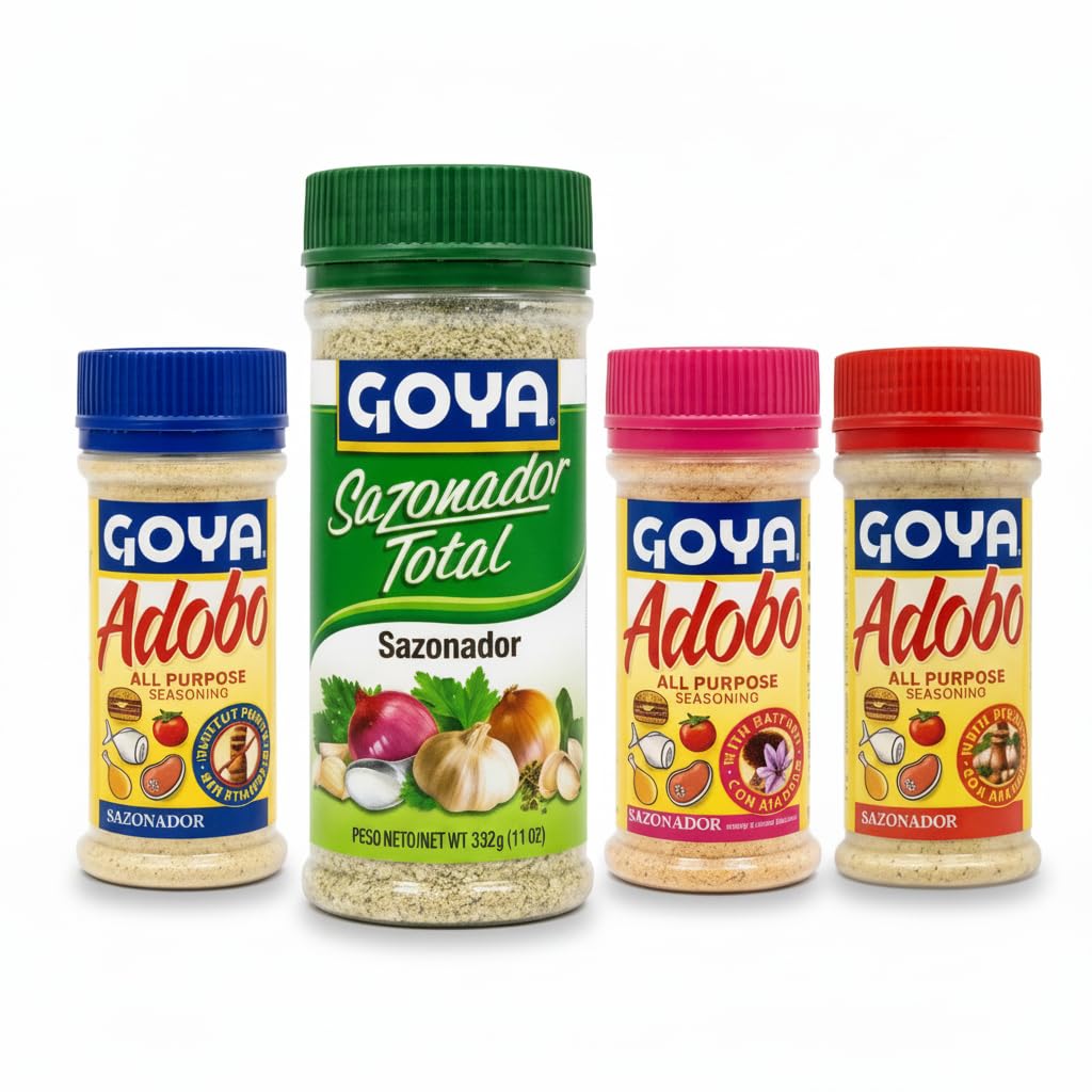 Pack de Sazonadores - Kit de 4 Condimentos: Adobo (Pimienta, Sin Pimienta, Azafrán 226g) y Sazonador Total 312g - Sabor Latino Auténtico para Carnes y Vegetales - Goya - Pack Familiar 11 oz - NEXU