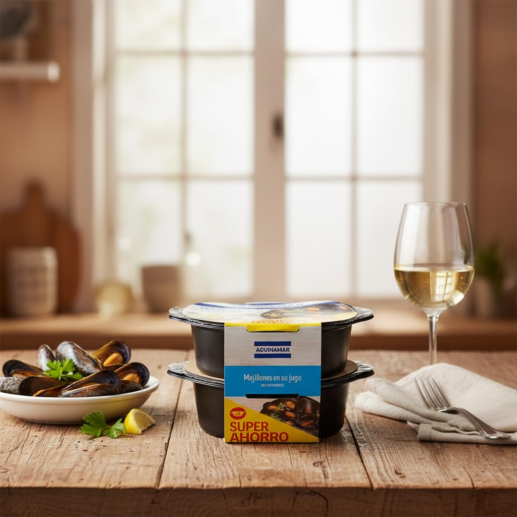 Mejillones en su Propio Jugo - Pack Super Ahorro de 2 Unidades - Listos en 4 Minutos al Microondas - Sin Conservantes Añadidos - Aguinamar - Sabor Natural del Mar - NEXU