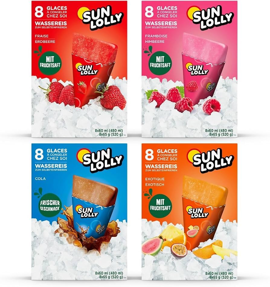 Pack Ahorro de 32 Polos para Comer en Casa - 4 Sabores Frutales: Cola, Fresa, Exótico y Frambuesa - Sin Conservantes - Sun Lolly - Formato Familiar 32 x 60ml (1,92 Litros) - NEXU