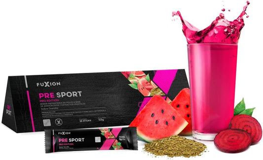 FUXION - PRE SPORT – Té bebida Energizante e Isotónico Natural para Antes del Entrenamiento | Con Aminoácidos, Yerba Mate, Betarraga y Sandía | 1 CAJA CON 28 STICK | Sabor Refrescante