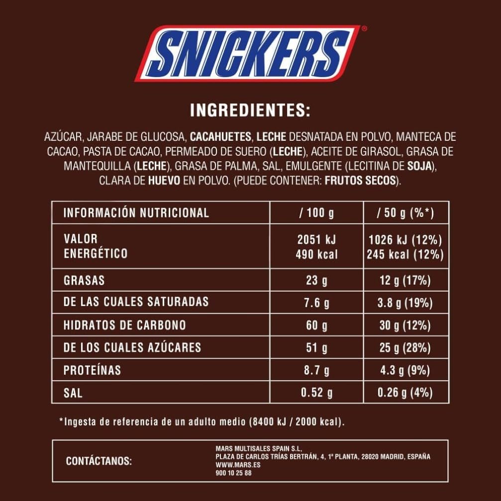 Snickers Snickers Chocolate Bars with Peanut and Caramel - Pack of 10 Bars - 500 g