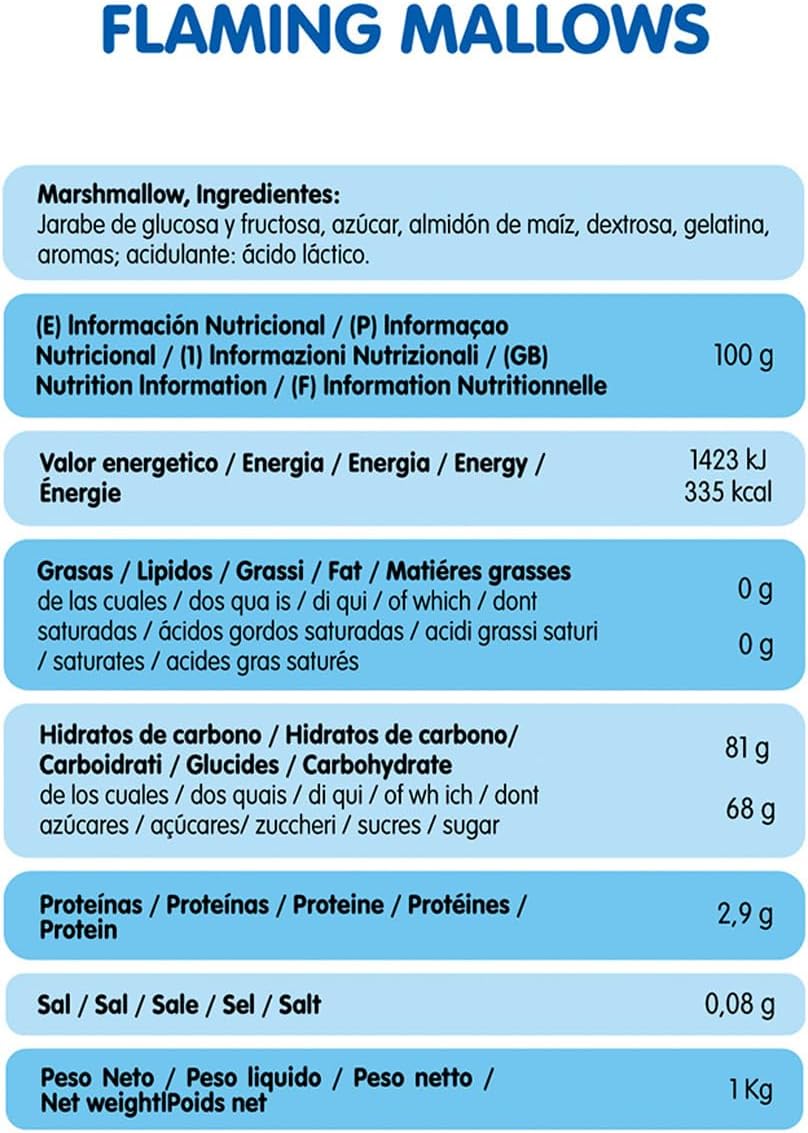Vidal Golosinas. Flaming Mallows Vainilla. Nubes esponjosas de gran tamaño con sabor a vainilla. Ideales para barbacoas, fogatas y planchas. Color blanco. Sin gluten ni grasa. Bolsa 1 kg