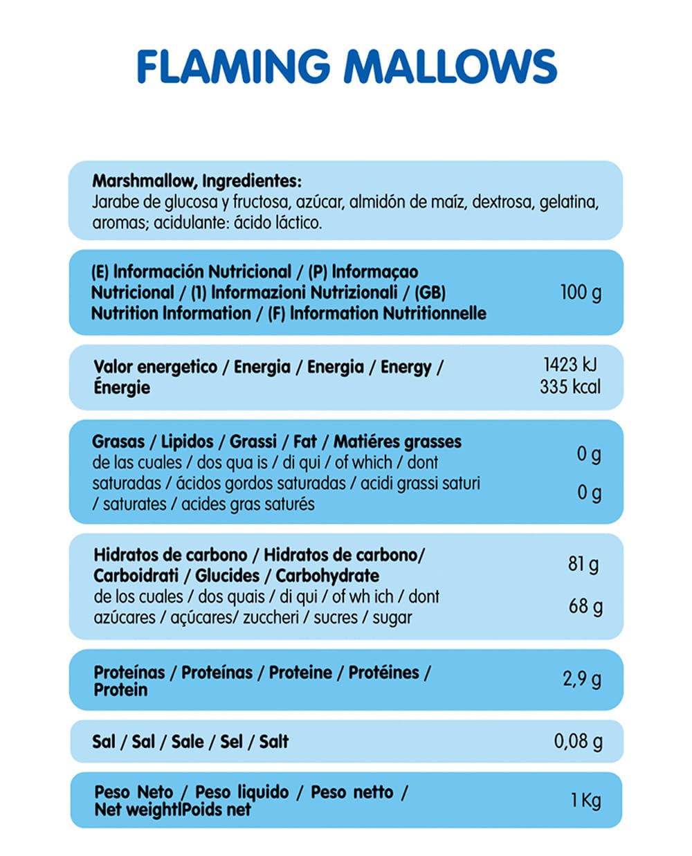 Vidal Golosinas. Flaming Mallows Vainilla. Nubes esponjosas de gran tamaño con sabor a vainilla. Ideales para barbacoas, fogatas y planchas. Color blanco. Sin gluten ni grasa. Bolsa 1 kg