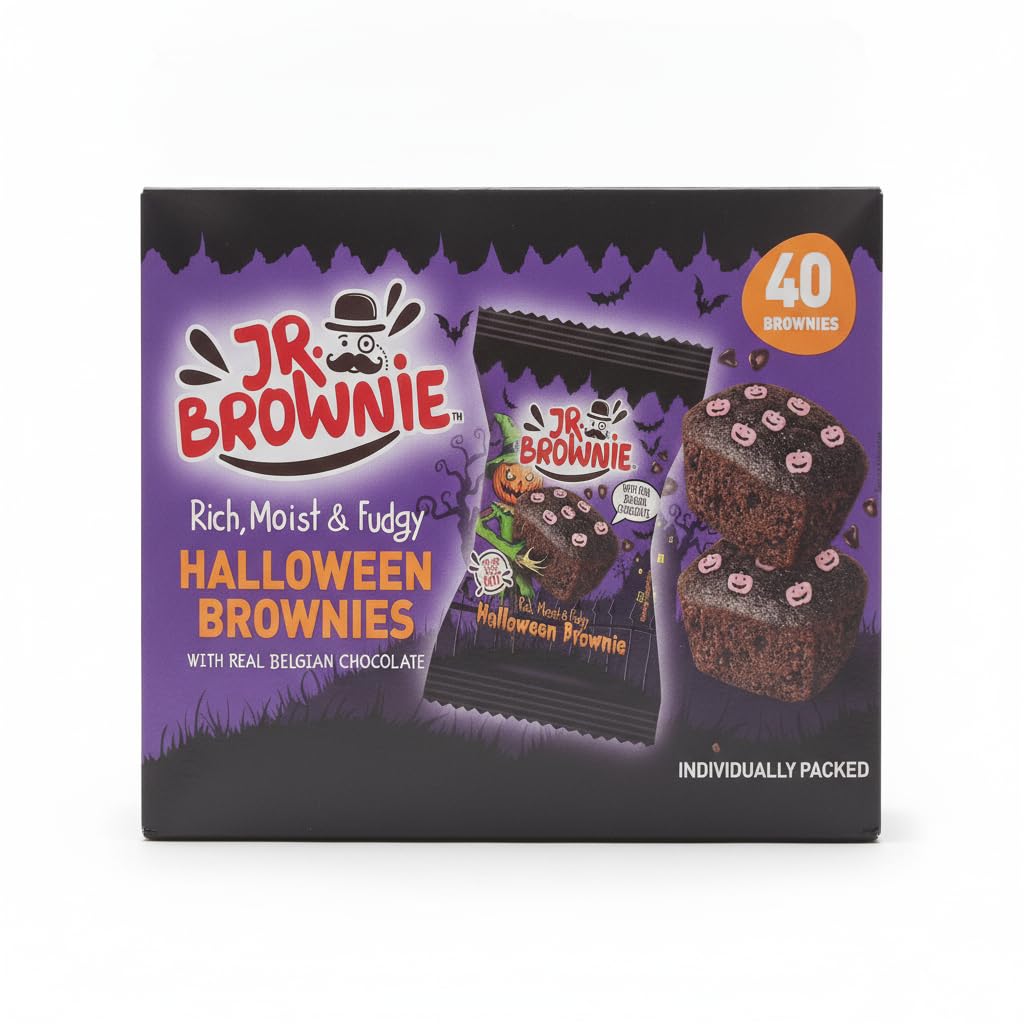 Mini Brownies de Chocolate Belga Edición de Halloween - Pack de 40 Unidades (1kg) - Bizcochos Tiernos Envasados Individualmente con Decoración Temática - Certificado Halal - NEXU